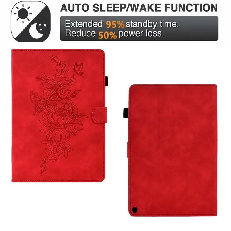 Til Amazon Fire HD 8 (2022) / HD 8 Plus (2022) PU-læder ståfunktion kortplads tabletklæde med sommerfugl- og blomstermønster automatisk sluk/tænd dæksel - Rød