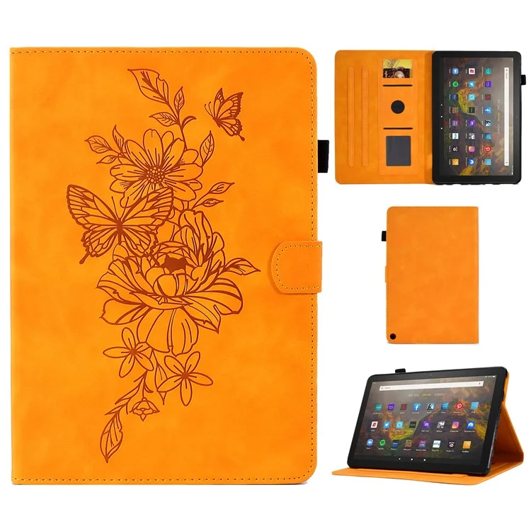 For Amazon Fire HD 10 (2021) / HD 10 Plus (2021) Flip Stand Smart Tablet Cover PU Leather Butterfly Flower Pattern Imprinted Protective Case with Card Holder - Khaki