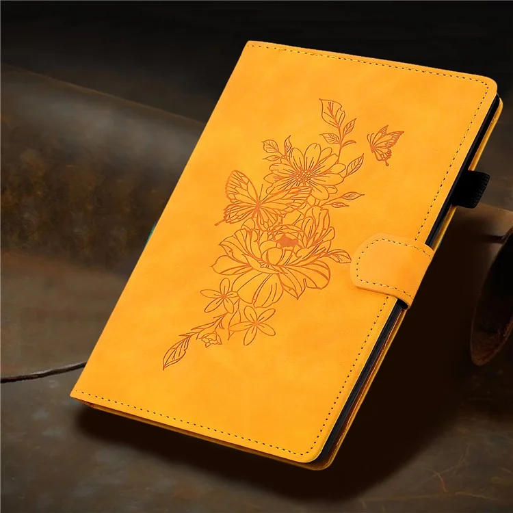 For Amazon Fire HD 10 (2021) / HD 10 Plus (2021) Flip Stand Smart Tablet Cover PU Leather Butterfly Flower Pattern Imprinted Protective Case with Card Holder - Khaki
