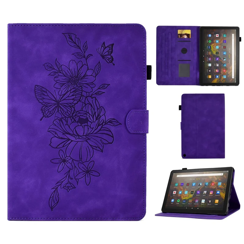 For Amazon Fire HD 10 (2021) / HD 10 Plus (2021) Flip Stand Smart Tablet Cover PU Leather Butterfly Flower Pattern Imprinted Protective Case with Card Holder - Purple