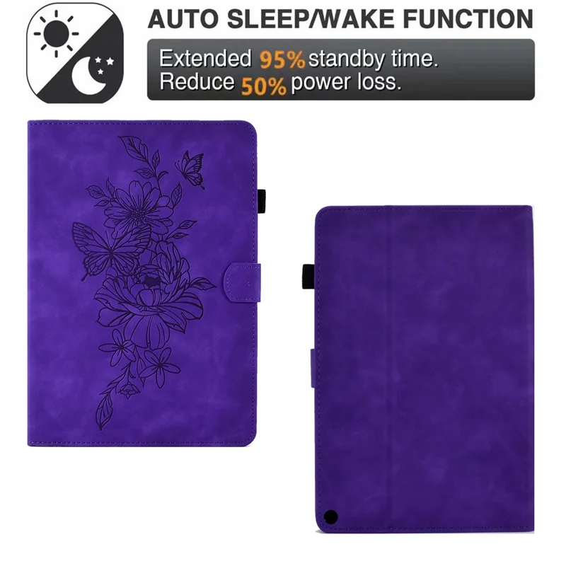 For Amazon Fire HD 10 (2021) / HD 10 Plus (2021) Flip Stand Smart Tablet Cover PU Leather Butterfly Flower Pattern Imprinted Protective Case with Card Holder - Purple