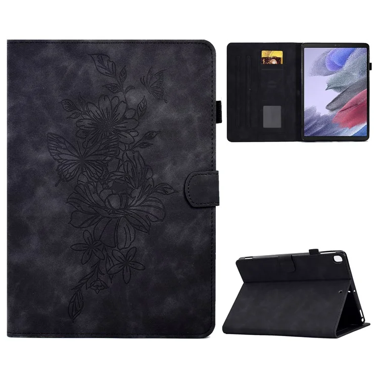 Protective Tablet Case For Samsung Galaxy Tab A7 Lite 8.7-inch T220 / T225, Butterfly Flower Pattern Imprinted PU Leather Stitching Line Tablet Cover with Card Holder Stand - Black