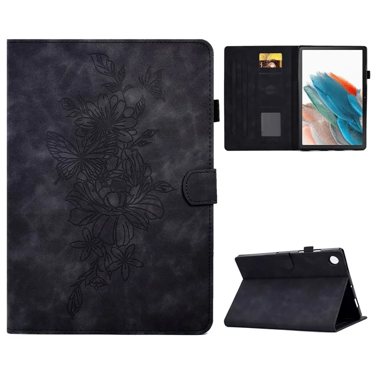 Vollschutz Tablet Fall Für Samsung Galaxy Tab A8 10.5 (2021) X200 / X205 Schmetterlingsblumenmuster Geprägtes Pu-ledernähungslinie Anti-drogen-tablet-abdeckständer - Schwarz