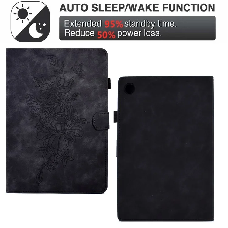 Vollschutz Tablet Fall Für Samsung Galaxy Tab A8 10.5 (2021) X200 / X205 Schmetterlingsblumenmuster Geprägtes Pu-ledernähungslinie Anti-drogen-tablet-abdeckständer - Schwarz