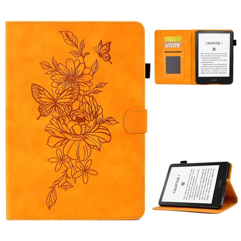 For Amazon Kindle Paperwhite 5 (2021) Butterfly Flower Pattern Imprinted Folio Smart Cover Stitching Line PU Leather Stand Tablet Case with Card Holder - Khaki