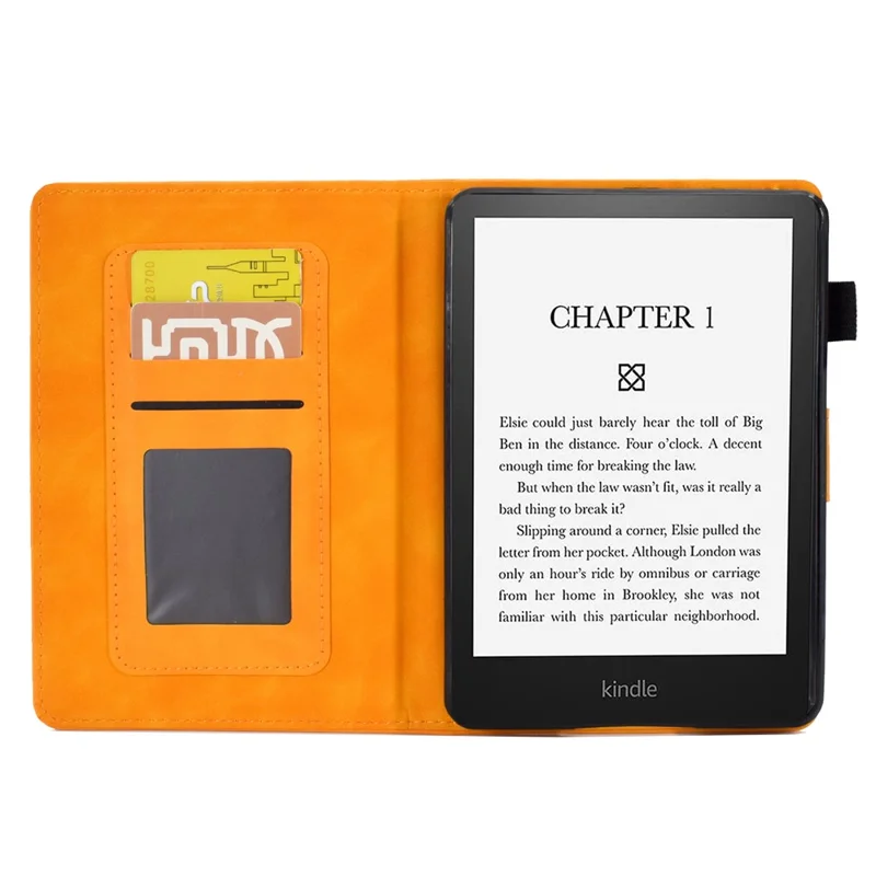 For Amazon Kindle Paperwhite 5 (2021) Butterfly Flower Pattern Imprinted Folio Smart Cover Stitching Line PU Leather Stand Tablet Case with Card Holder - Khaki