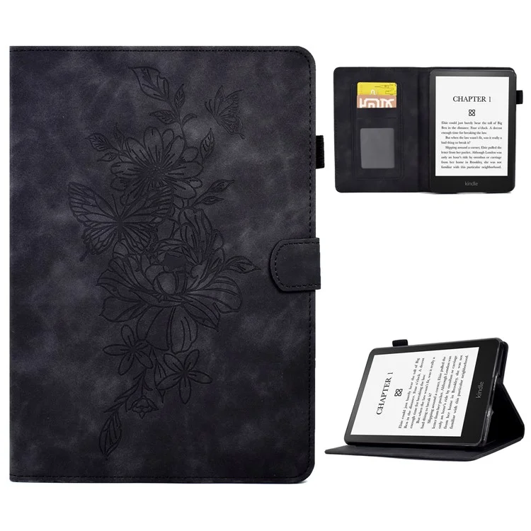For Amazon Kindle Paperwhite 1 / 2 / 3 / 4 PU Leather Smart Stand Protective Case Butterfly Flower Pattern Imprinted Card Holder Tablet Cover - Black