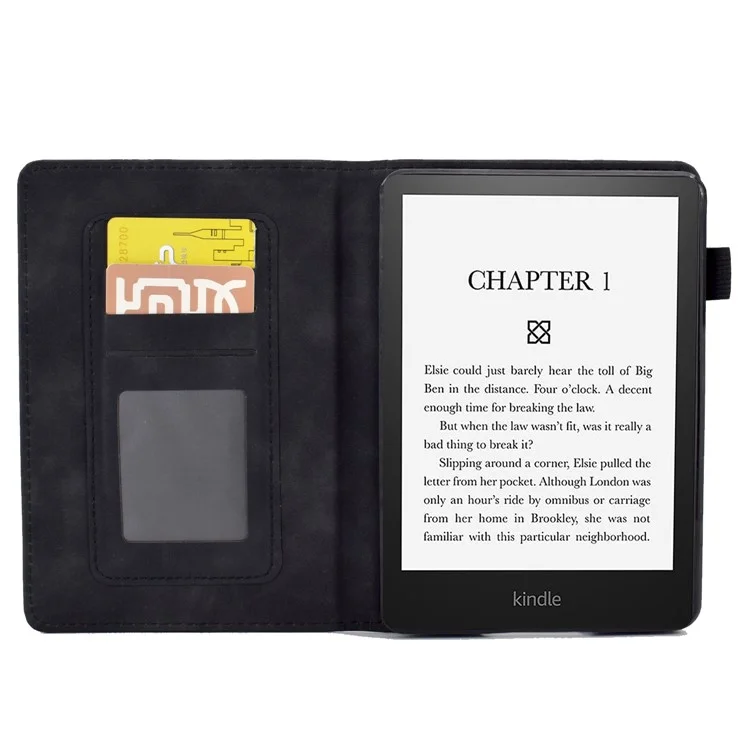 For Amazon Kindle Paperwhite 1 / 2 / 3 / 4 PU Leather Smart Stand Protective Case Butterfly Flower Pattern Imprinted Card Holder Tablet Cover - Black