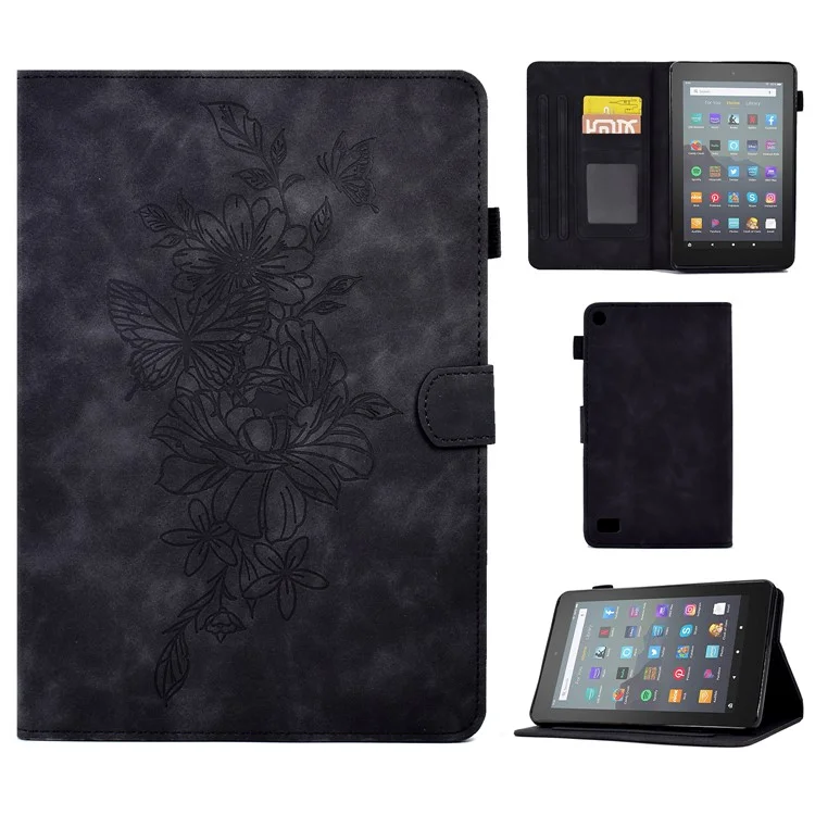 For Amazon Fire 7 (2015) / (2017) / (2019) Butterfly Flower Pattern Imprinted Magnetic Flip Protection Cover PU Leather Stand Card Holder Tablet Case with Auto Wake / Sleep - Black