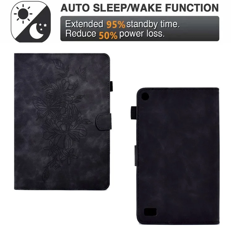 For Amazon Fire 7 (2015) / (2017) / (2019) Butterfly Flower Pattern Imprinted Magnetic Flip Protection Cover PU Leather Stand Card Holder Tablet Case with Auto Wake / Sleep - Black