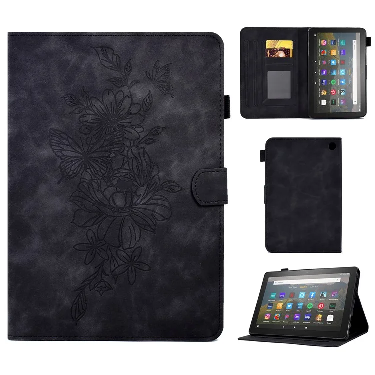 Butterfly Flower Pattern Imprinted Leather Case for Amazon Fire 7 (2022), Stitching Line Full Protection Tablet Cover with Card Holder Stand - Black