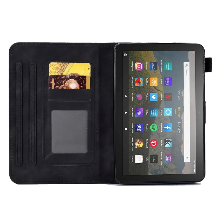 Butterfly Flower Pattern Imprinted Leather Case for Amazon Fire 7 (2022), Stitching Line Full Protection Tablet Cover with Card Holder Stand - Black