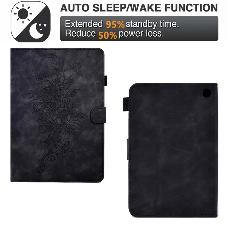 Butterfly Flower Pattern Imprinted Leather Case for Amazon Fire 7 (2022), Stitching Line Full Protection Tablet Cover with Card Holder Stand - Black