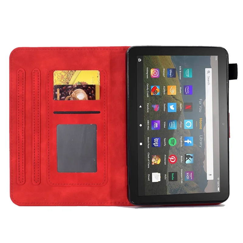 Butterfly Flower Pattern Imprinted Leather Case for Amazon Fire 7 (2022), Stitching Line Full Protection Tablet Cover with Card Holder Stand - Red
