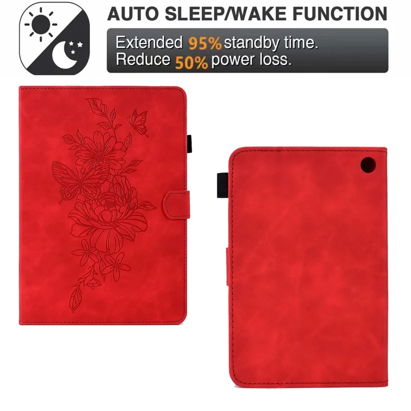Butterfly Flower Pattern Imprinted Leather Case for Amazon Fire 7 (2022), Stitching Line Full Protection Tablet Cover with Card Holder Stand - Red