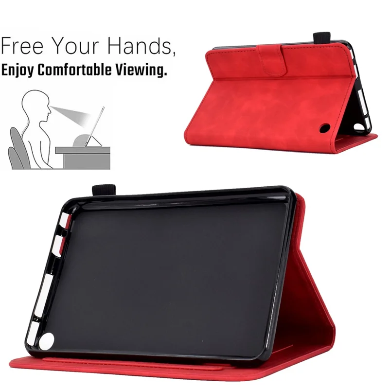 Butterfly Flower Pattern Imprinted Leather Case for Amazon Fire 7 (2022), Stitching Line Full Protection Tablet Cover with Card Holder Stand - Red
