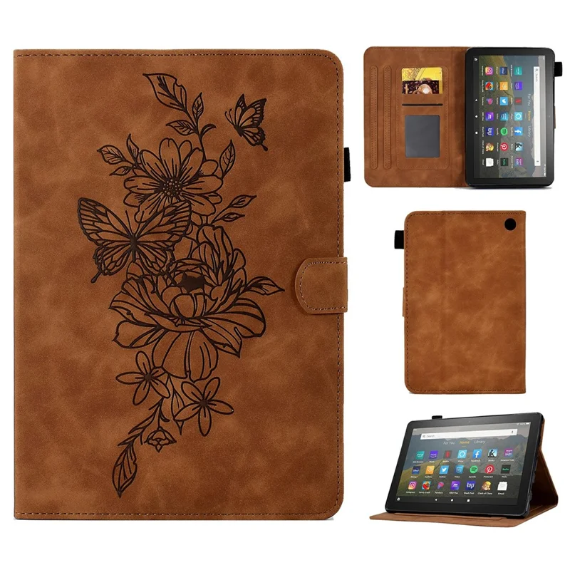 Butterfly Flower Pattern Imprinted Leather Case for Amazon Fire 7 (2022), Stitching Line Full Protection Tablet Cover with Card Holder Stand - Brown