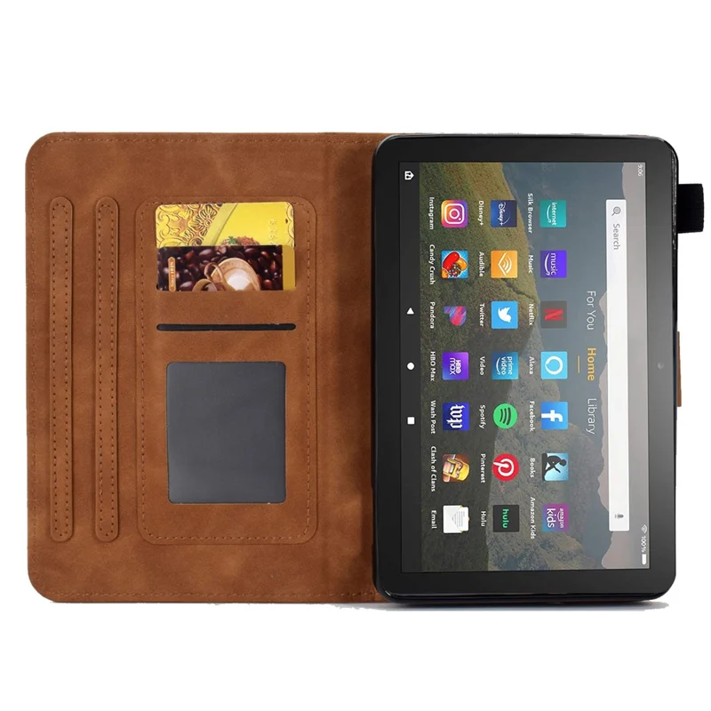Butterfly Flower Pattern Imprinted Leather Case for Amazon Fire 7 (2022), Stitching Line Full Protection Tablet Cover with Card Holder Stand - Brown