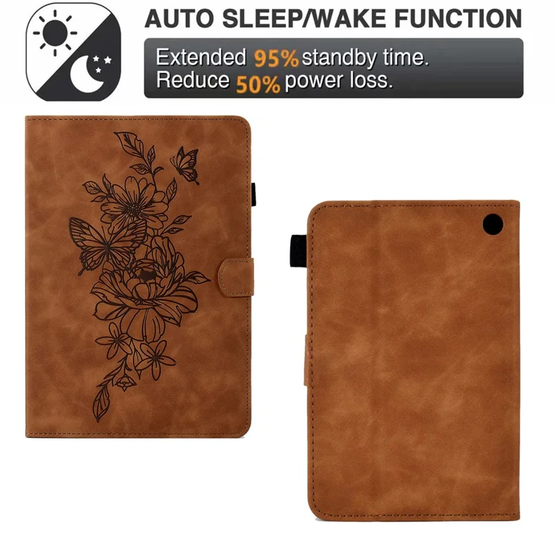 Butterfly Flower Pattern Imprinted Leather Case for Amazon Fire 7 (2022), Stitching Line Full Protection Tablet Cover with Card Holder Stand - Brown