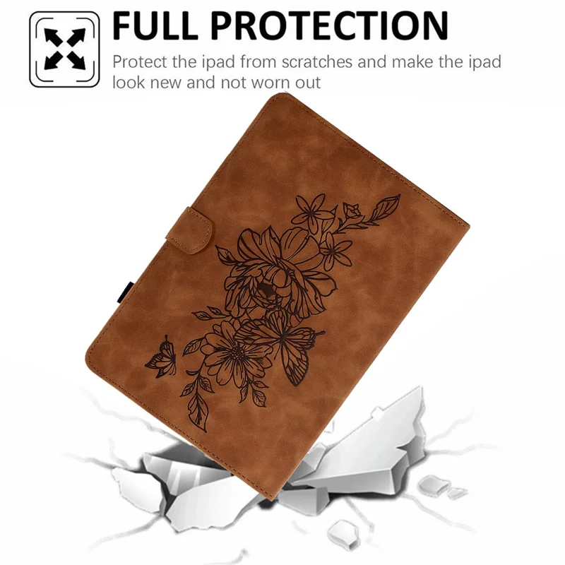 Butterfly Flower Pattern Imprinted Leather Case for Amazon Fire 7 (2022), Stitching Line Full Protection Tablet Cover with Card Holder Stand - Brown