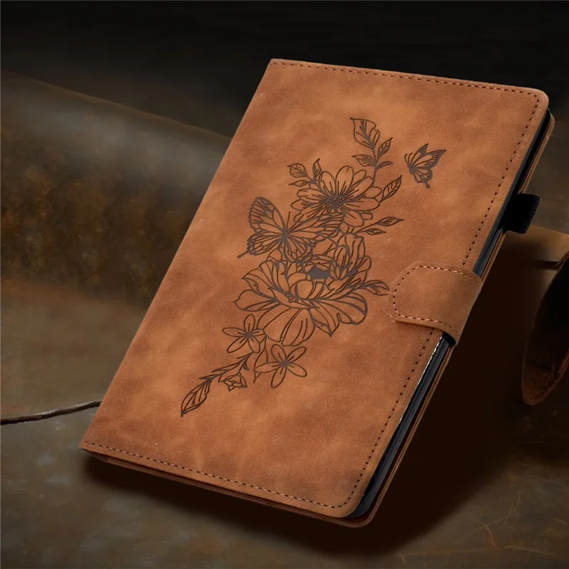 Butterfly Flower Pattern Imprinted Leather Case for Amazon Fire 7 (2022), Stitching Line Full Protection Tablet Cover with Card Holder Stand - Brown