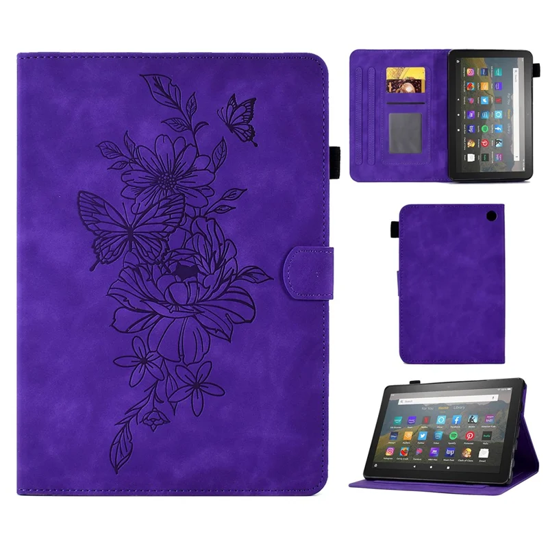 Butterfly Flower Pattern Imprinted Leather Case for Amazon Fire 7 (2022), Stitching Line Full Protection Tablet Cover with Card Holder Stand - Purple