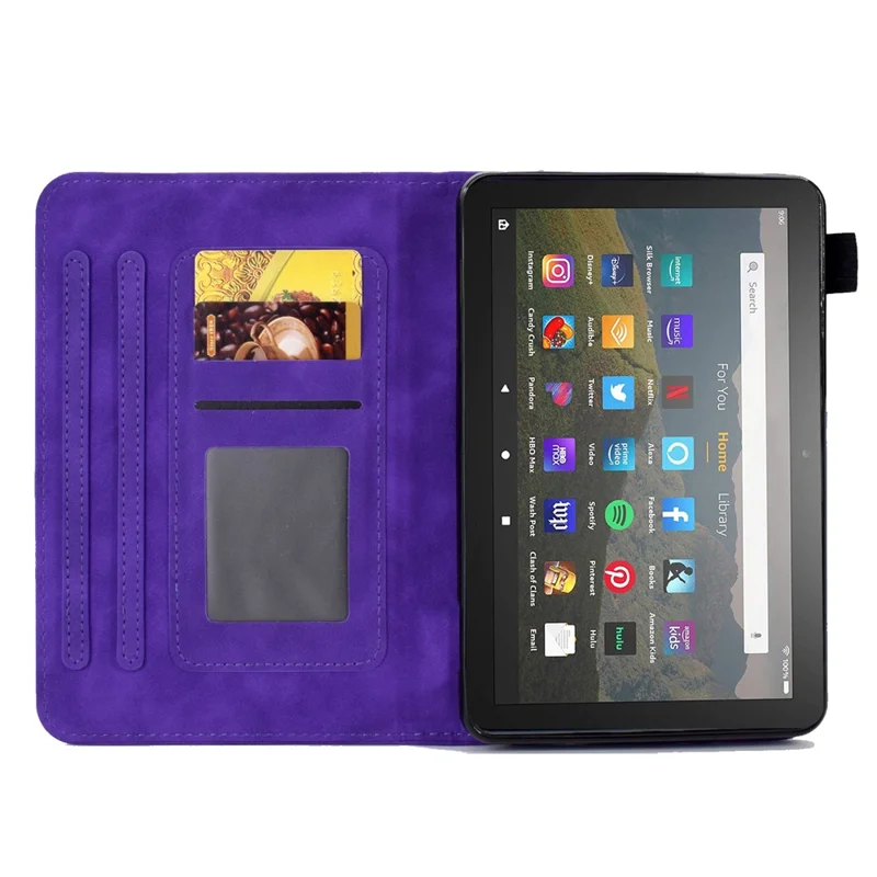 Butterfly Flower Pattern Imprinted Leather Case for Amazon Fire 7 (2022), Stitching Line Full Protection Tablet Cover with Card Holder Stand - Purple
