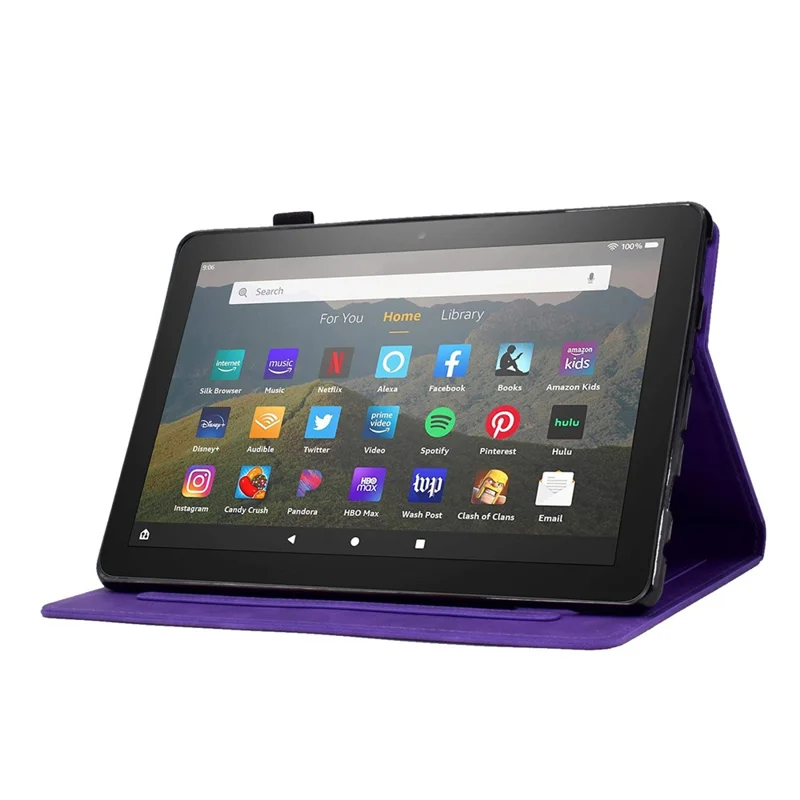 Butterfly Flower Pattern Imprinted Leather Case for Amazon Fire 7 (2022), Stitching Line Full Protection Tablet Cover with Card Holder Stand - Purple