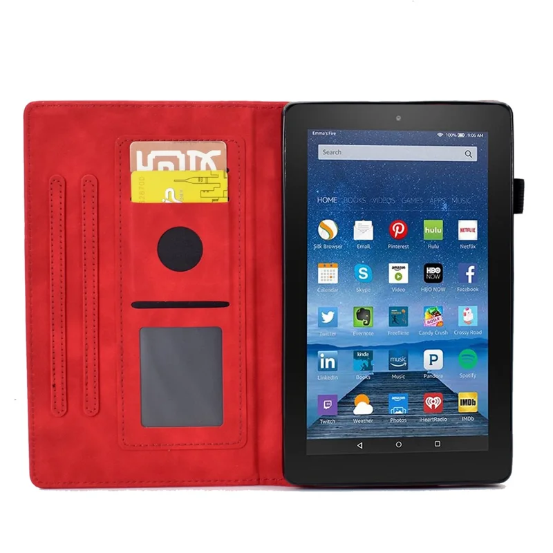 For Amazon Fire HD 8 (2016) / (2017) / (2018) Protective Case Butterfly Flower Pattern Imprinted Leather Case Stitching Line Tablet Cover with Card Holder / Stand - Red
