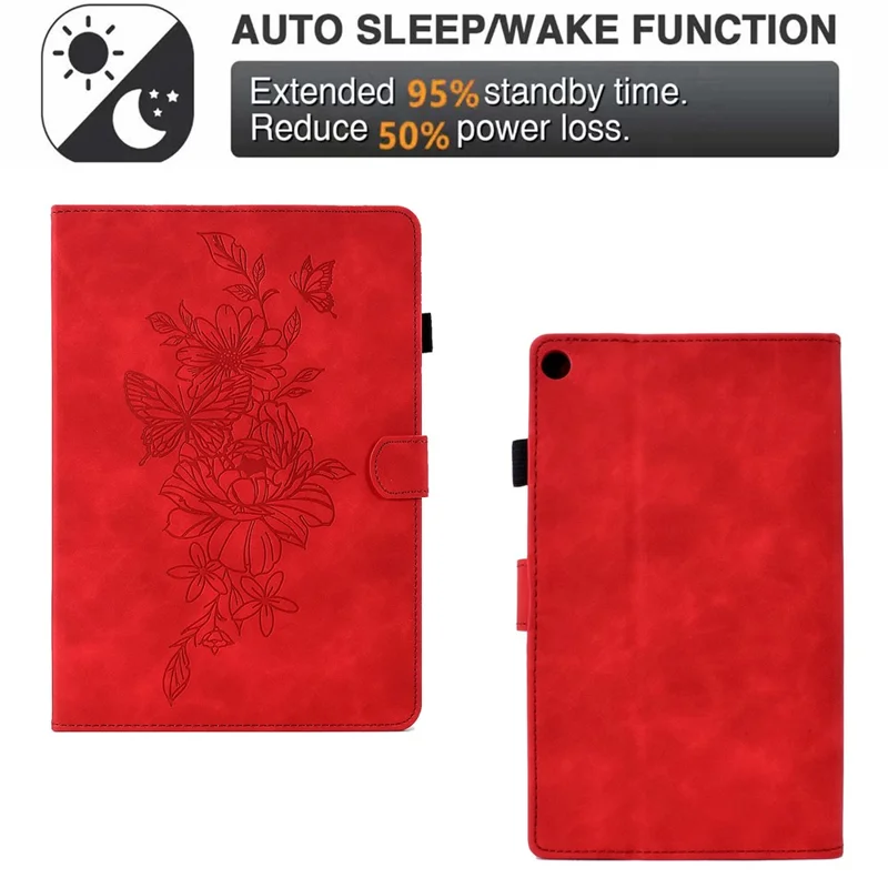 For Amazon Fire HD 8 (2016) / (2017) / (2018) Protective Case Butterfly Flower Pattern Imprinted Leather Case Stitching Line Tablet Cover with Card Holder / Stand - Red
