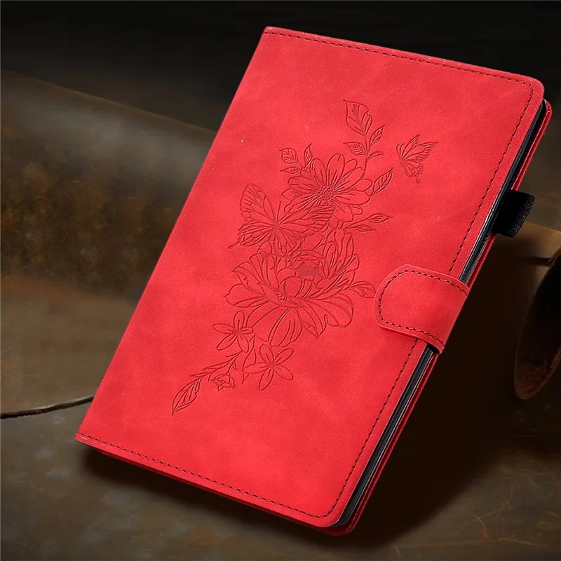 For Amazon Fire HD 8 (2016) / (2017) / (2018) Protective Case Butterfly Flower Pattern Imprinted Leather Case Stitching Line Tablet Cover with Card Holder / Stand - Red