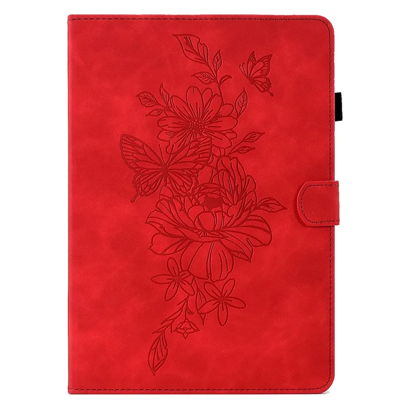 For Amazon Fire HD 8 (2016) / (2017) / (2018) Protective Case Butterfly Flower Pattern Imprinted Leather Case Stitching Line Tablet Cover with Card Holder / Stand - Red