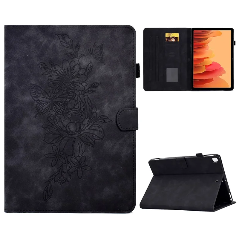 For Samsung Galaxy Tab A7 10.4 (2020) / (2022) T500 / T505 Case Butterfly Flower Pattern PU Leather Stitching Line Tablet Cover Stand - Black