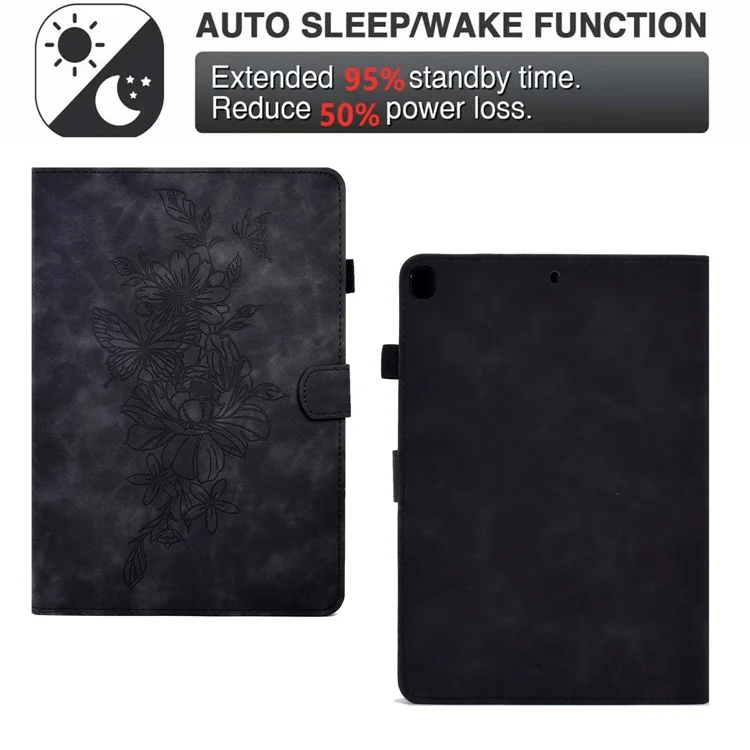 Per Samsung Galaxy Tab A 10.1 (2019) T510 / T515 Pattern Flower Butterfly Exprinted PU Tablet Case Stitching Stand Coperchio Tablet Anti-scratch Con Veglia Automatica / Caratteristica Del Sonno - Nero