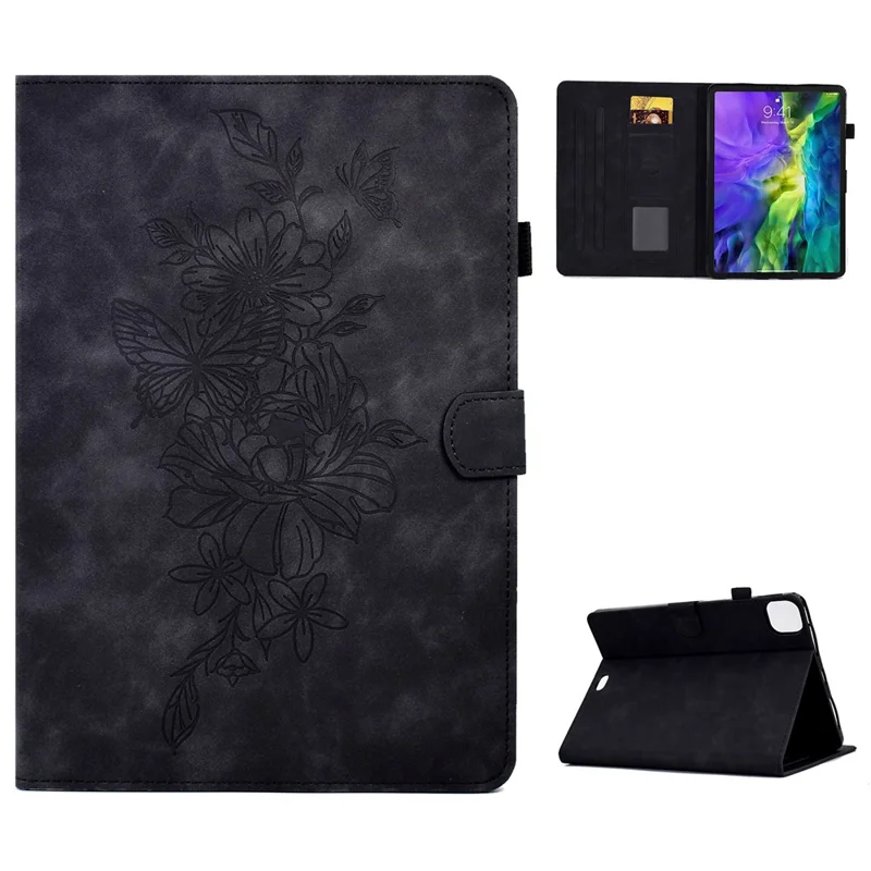 Für iPad Air 11 (2025) / (2024) / Air (2020) / (2022) / iPad Pro 11 (2022) / (2021) / (2020) / (2018) Ledertasche Schmetterlings-Blumenmuster mit Ständer - Schwarz