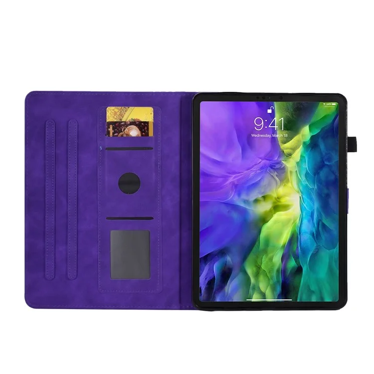 Para Ipad Pro 11 Polegadas (2018) / ar (2020) Caixa de Couro de Costura Butterfly Flower Padrões de Flores Impressas Tampa de Comprimido Anti-queda Com Suporte Para Suporte Para Cartão - Roxo