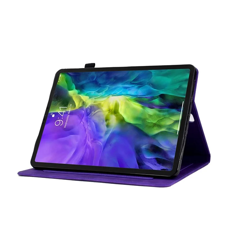 Para Ipad Pro 11 Polegadas (2018) / ar (2020) Caixa de Couro de Costura Butterfly Flower Padrões de Flores Impressas Tampa de Comprimido Anti-queda Com Suporte Para Suporte Para Cartão - Roxo
