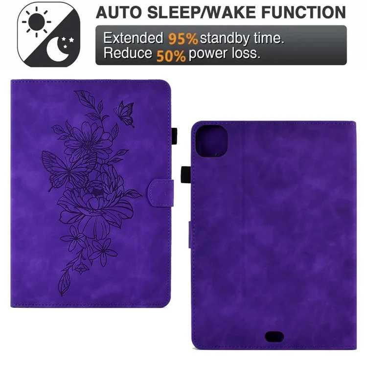Para Ipad Pro 11 Polegadas (2018) / ar (2020) Caixa de Couro de Costura Butterfly Flower Padrões de Flores Impressas Tampa de Comprimido Anti-queda Com Suporte Para Suporte Para Cartão - Roxo