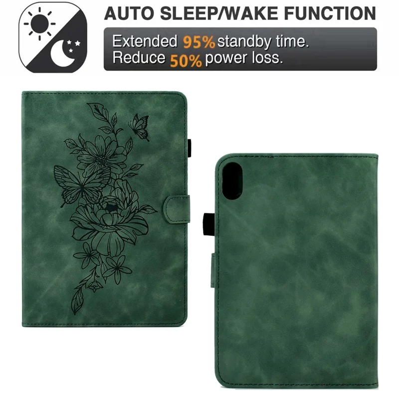 Shockproof Leather Case for iPad mini (2024) / mini (2021) Butterfly Flower Pattern Imprinted Stitching Anti-Scratch Tablet Cover with Card Holder, Stand - Green