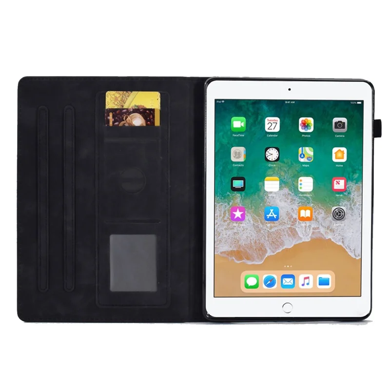 For iPad Air (2013) / Air 2 / iPad 9.7-inch (2017) / 9.7-inch (2018) Anti-Drop Leather Case Butterfly Flower Pattern Imprinted Shockproof Tablet Cover with Card Holder, Stand - Black