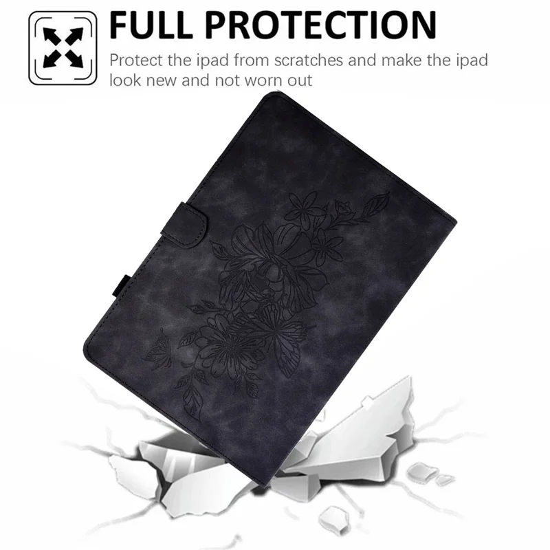 For iPad Air (2013) / Air 2 / iPad 9.7-inch (2017) / 9.7-inch (2018) Anti-Drop Leather Case Butterfly Flower Pattern Imprinted Shockproof Tablet Cover with Card Holder, Stand - Black