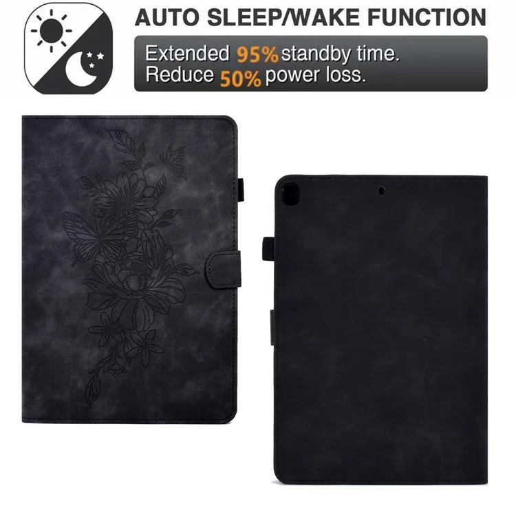 Para Ipad 10.2 (2019) /(2020) / Air 10.5 Pulgadas (2019) Case de Cuero Protector Patrón de Flores de Mariposa Cubierta de Tableta Anti-Drop Con Soporte de Tarjeta, Soporte - Negro