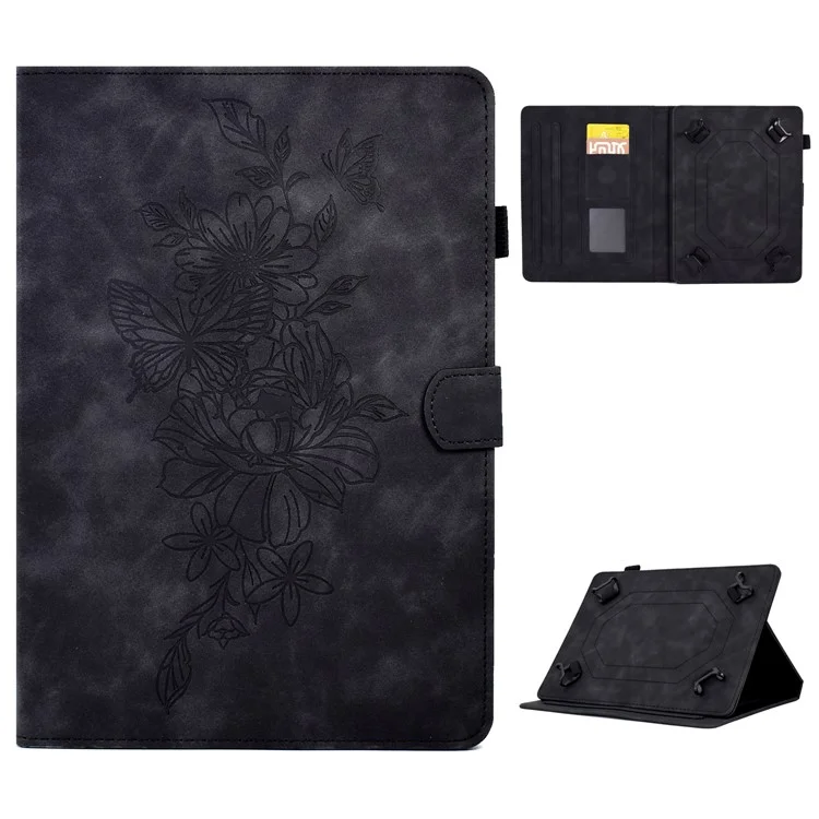 PU Leather Case for 7-inch Tablet, Butterfly Flower Pattern Imprinted Stitching Line Stand Tablet Cover with Card Slots - Black