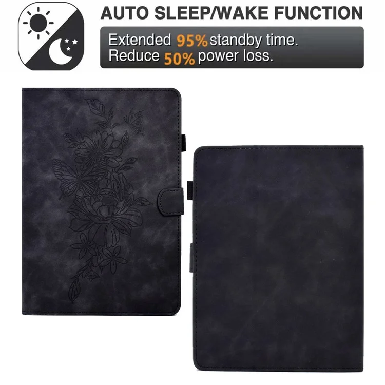 PU Leather Case for 7-inch Tablet, Butterfly Flower Pattern Imprinted Stitching Line Stand Tablet Cover with Card Slots - Black