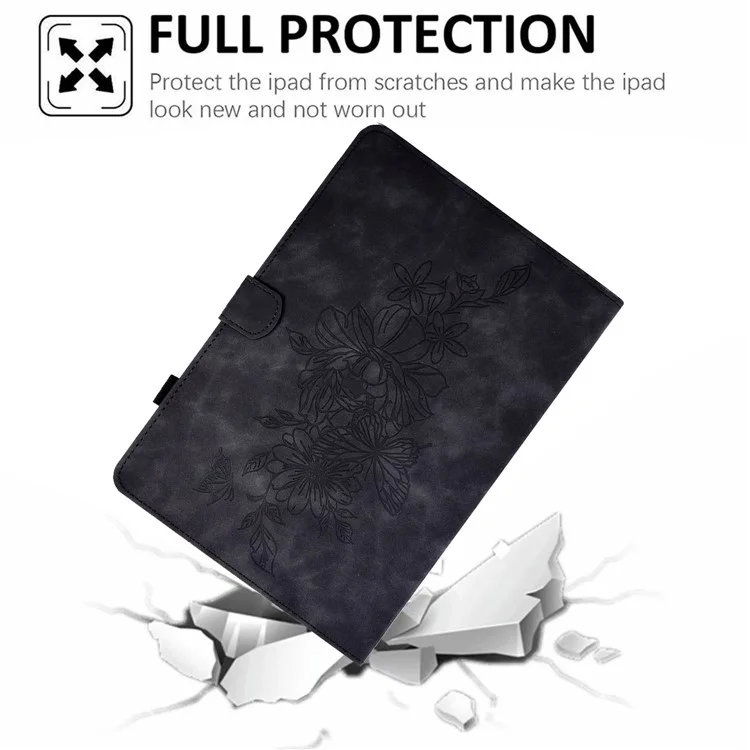 PU Leather Case for 7-inch Tablet, Butterfly Flower Pattern Imprinted Stitching Line Stand Tablet Cover with Card Slots - Black
