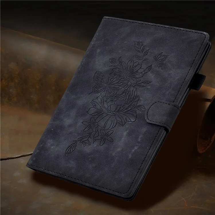 PU Leather Case for 7-inch Tablet, Butterfly Flower Pattern Imprinted Stitching Line Stand Tablet Cover with Card Slots - Black