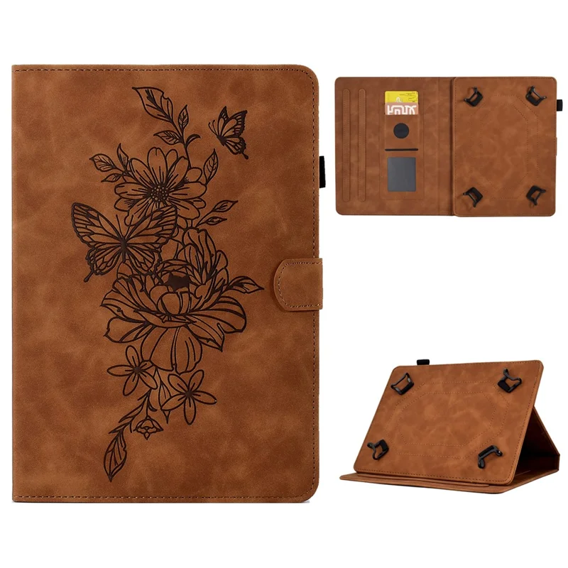 PU Leather Case for 7-inch Tablet, Butterfly Flower Pattern Imprinted Stitching Line Stand Tablet Cover with Card Slots - Brown