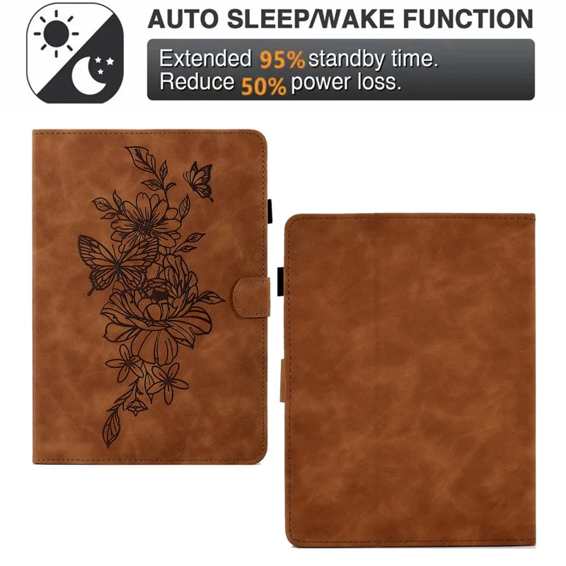 PU Leather Case for 7-inch Tablet, Butterfly Flower Pattern Imprinted Stitching Line Stand Tablet Cover with Card Slots - Brown