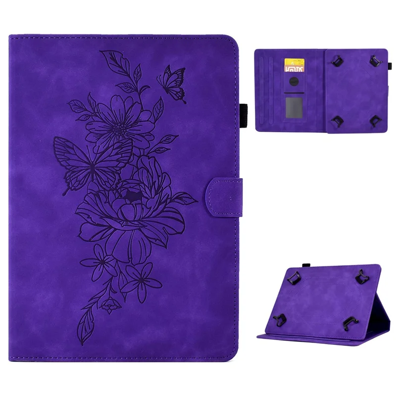Stand Card Holder PU Leather Cover for 8-inch Tablet, Butterfly Flower Pattern Imprinted Stitching Line Protective Tablet Cover - Purple