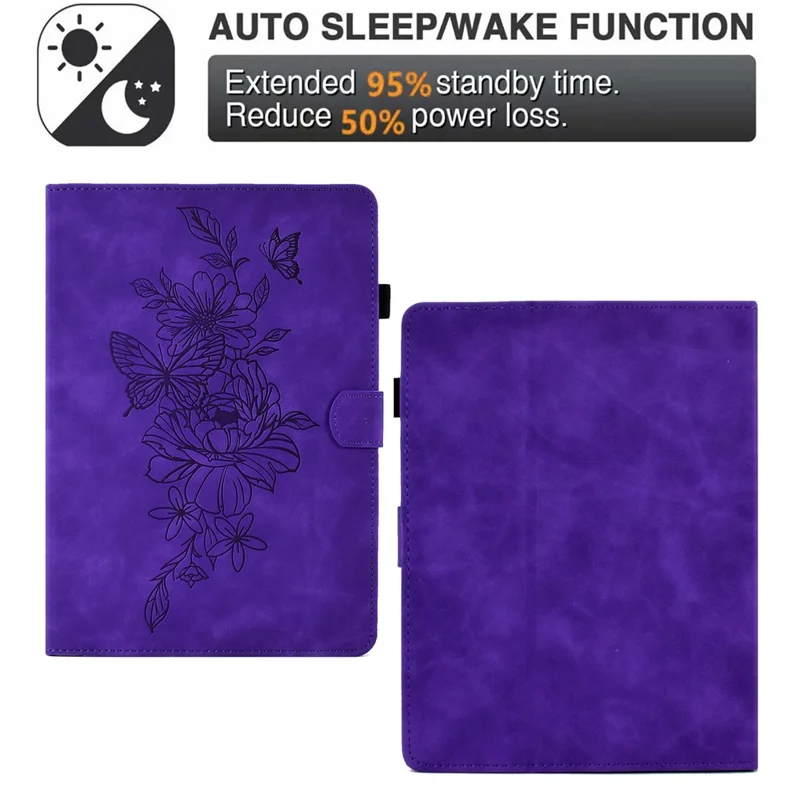 Stand Card Holder PU Leather Cover for 8-inch Tablet, Butterfly Flower Pattern Imprinted Stitching Line Protective Tablet Cover - Purple